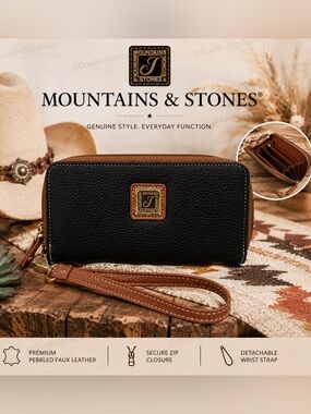 NWOT Mountains & Stones Black and Brown Pebbled Faux Leather Wristlet Wallet